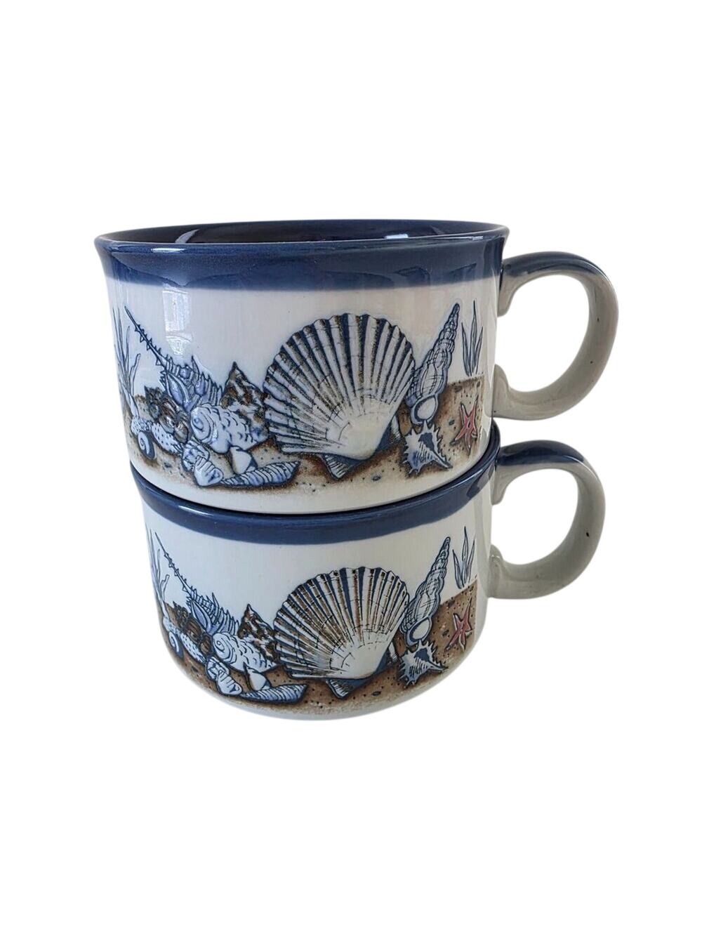 Vintage Otagiri Embossed Seashell Soup Mugs Set of 2 Ceramic Japan 1990s Coastal